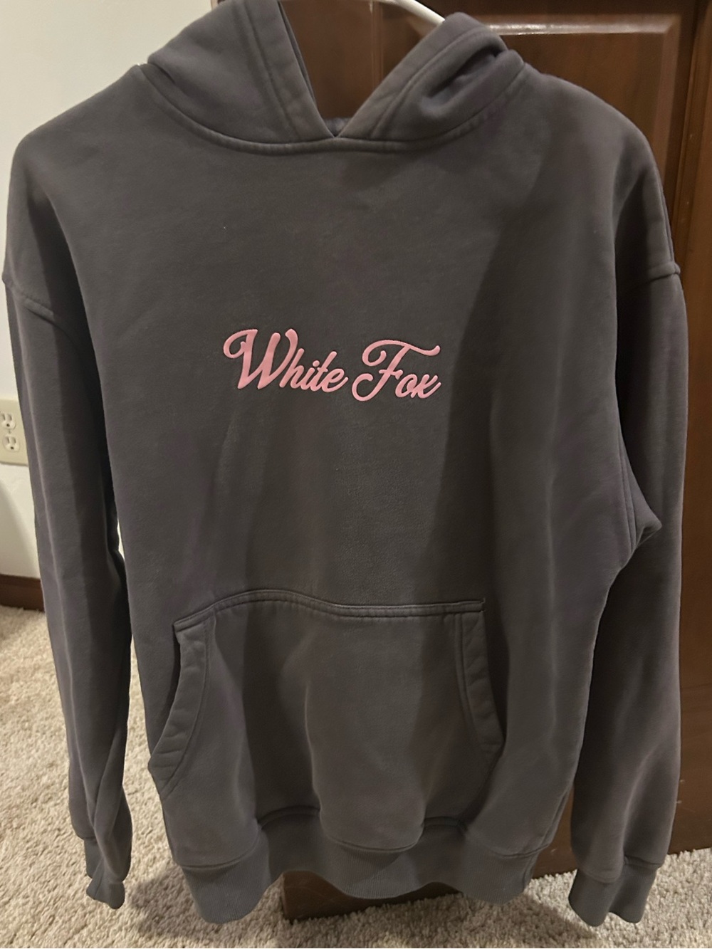 White Fox Charcoal Gray Hoodie Sweater with Pink Logo